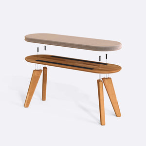 Yase Bench 120 x 38 parçalarına ayrılmış montaj görünümü, kum kadife döşemeli oturum, masif kayın ayaklar ve vidalar