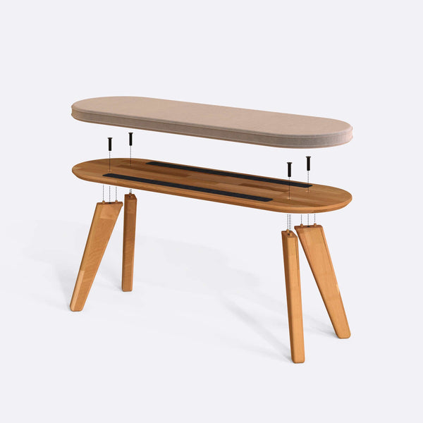 Yase Bench 120 x 38 parçalarına ayrılmış montaj görünümü, kum kadife döşemeli oturum, masif kayın ayaklar ve vidalar