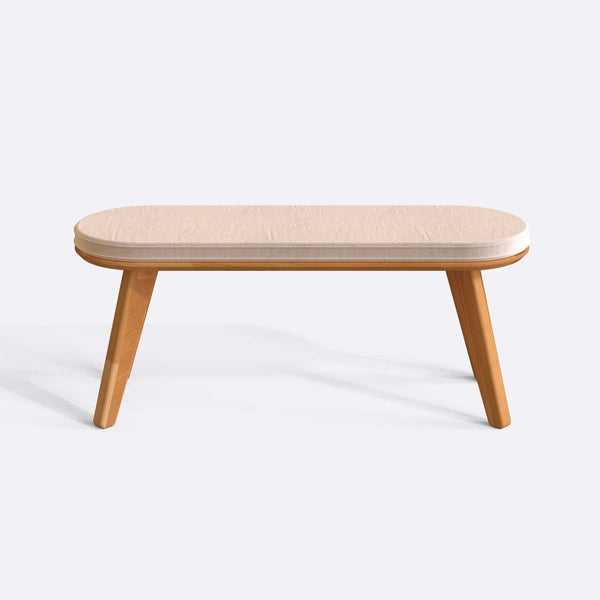 Yase Bench 120 x 38, ekru kadife döşemeli oturum ve masif kayın gövde, düz beyaz zeminde önden stüdyo çekimi