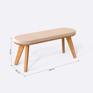 Yase Bench 120 x 38 ölçülendirilmiş teknik görünümü, ekru kadife döşeme, milimetre cinsinden genişlik, derinlik ve yükseklik