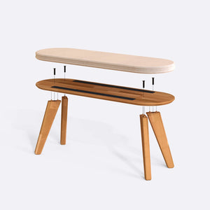 Yase Bench 120 x 38 parçalarına ayrılmış montaj görünümü, ekru kadife döşemeli oturum, masif kayın ayaklar ve vidalar