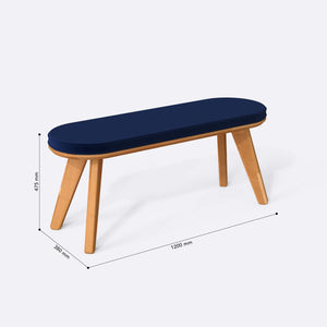 Yase Bench 120 x 38 ölçülendirilmiş teknik görünümü, lacivert kadife döşeme, milimetre cinsinden ölçü okları