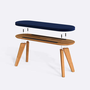 Yase Bench 120 x 38 parçalarına ayrılmış montaj görünümü, lacivert kadife döşemeli oturum, masif kayın ayaklar ve vidalar