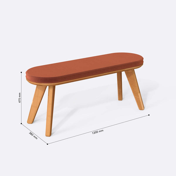 Yase Bench 120 x 38 ölçülendirilmiş teknik görünümü, somon kadife döşeme, milimetre cinsinden genişlik, derinlik ve yükseklik
