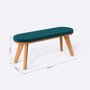 Yase Bench 120 x 38 ölçülendirilmiş teknik görünümü, petrol kadife döşeme, milimetre cinsinden ölçü okları