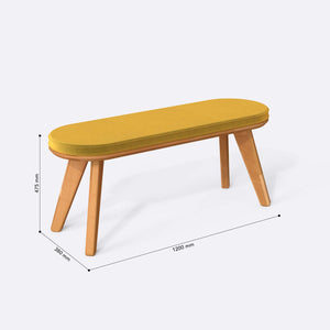 Yase Bench 120 x 38 ölçülendirilmiş teknik görünümü, sarı kadife döşeme, milimetre cinsinden genişlik, derinlik ve yükseklik