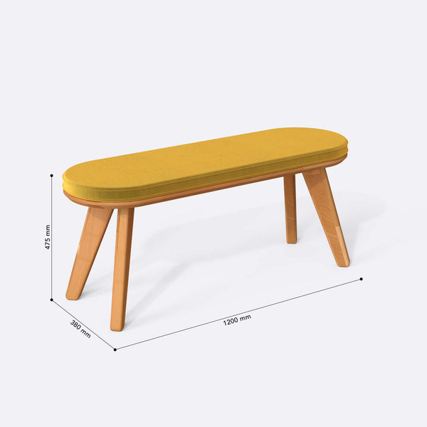Yase Bench 120 x 38 ölçülendirilmiş teknik görünümü, sarı kadife döşeme, milimetre cinsinden genişlik, derinlik ve yükseklik