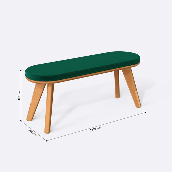 Yase Bench 120 x 38 ölçülendirilmiş teknik görünümü, zümrüt kadife döşeme, milimetre cinsinden ölçü okları
