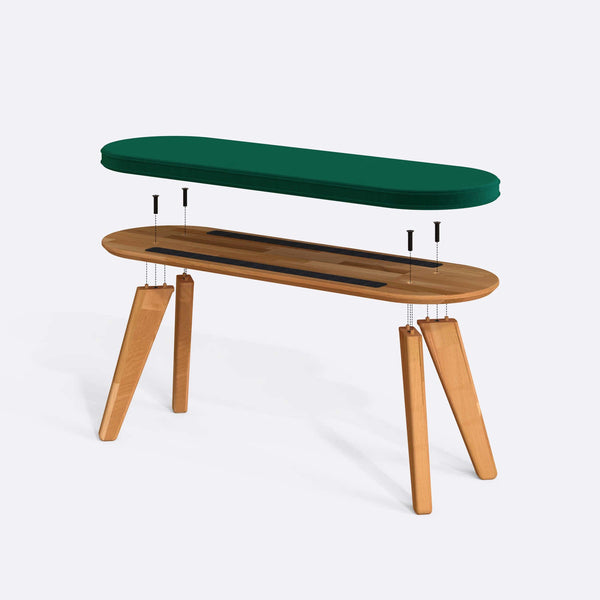Yase Bench 120 x 38 parçalarına ayrılmış montaj görünümü, zümrüt kadife döşemeli oturum, masif kayın ayaklar ve vidalar