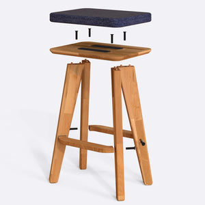Han Bar Tabure parçalarına ayrılmış montaj görünümü, lacivert keten oturum, masif kayın ayaklar ve bağlantı elemanları