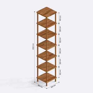 7 Raflı Kitaplık 38 x 38 cm ölçülendirilmiş teknik görünümü, milimetre cinsinden genişlik, derinlik ve yükseklik