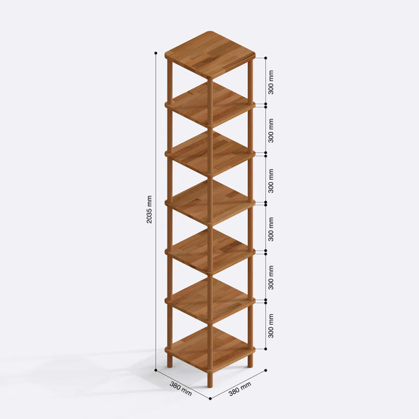 7 Raflı Kitaplık 38 x 38 cm ölçülendirilmiş teknik görünümü, milimetre cinsinden genişlik, derinlik ve yükseklik