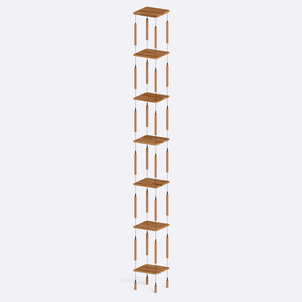 7 Raflı Kitaplık 38 x 38 cm parçalarına ayrılmış montaj görünümü, masif kayın parçalar ve bağlantı elemanları