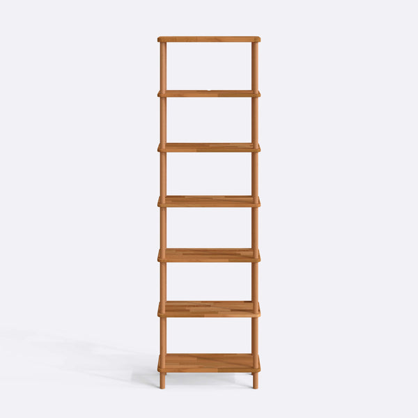 7 Raflı Kitaplık 60 x 28 cm, %100 masif kayın, doğal ahşap dokusu, beyaz zeminde önden stüdyo çekimi