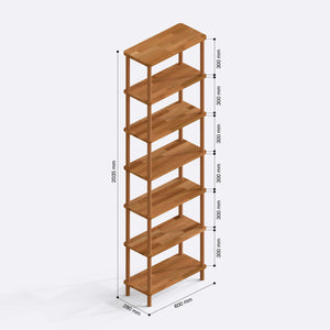 7 Raflı Kitaplık 60 x 28 cm ölçülendirilmiş teknik görünümü, milimetre cinsinden genişlik, derinlik ve yükseklik