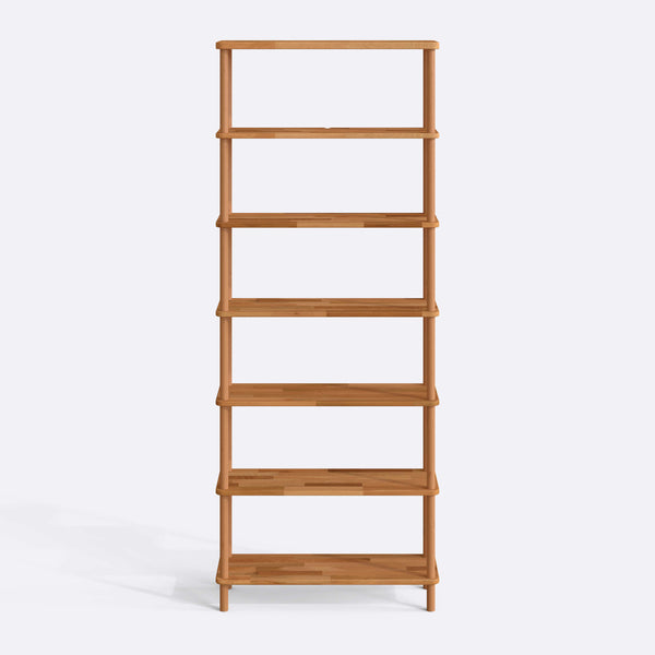 7 Raflı Kitaplık 80 x 28 cm, %100 masif kayın, doğal ahşap dokusu, beyaz zeminde önden stüdyo çekimi
