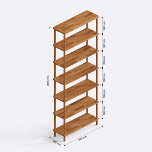 7 Raflı Kitaplık 80 x 28 cm ölçülendirilmiş teknik görünümü, milimetre cinsinden genişlik, derinlik ve yükseklik