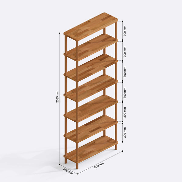 7 Raflı Kitaplık 80 x 28 cm ölçülendirilmiş teknik görünümü, milimetre cinsinden genişlik, derinlik ve yükseklik