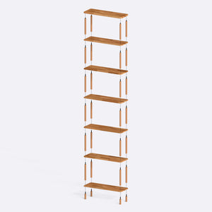 7 Raflı Kitaplık 80 x 28 cm parçalarına ayrılmış montaj görünümü, masif kayın parçalar ve bağlantı elemanları