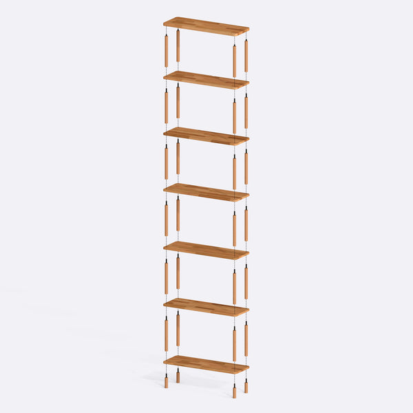 7 Raflı Kitaplık 80 x 28 cm parçalarına ayrılmış montaj görünümü, masif kayın parçalar ve bağlantı elemanları