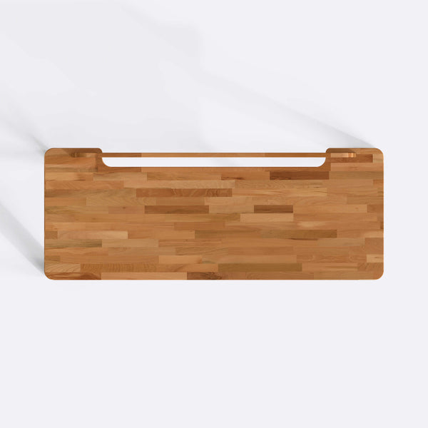 Han V2 Çalışma Masası 180 x 70 cm tablasının üstten görünümü, lamel ahşap doku ve arka kenardaki ince kanal
