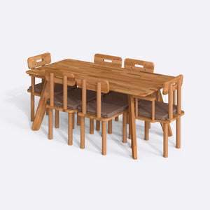 Han Yemek Masası ve Sandalye Takımı – 180 x 90, Keten Kahve döşeme, masif kayın masa ve sandalyeler, beyaz zeminde üç çeyrek açıdan çekim