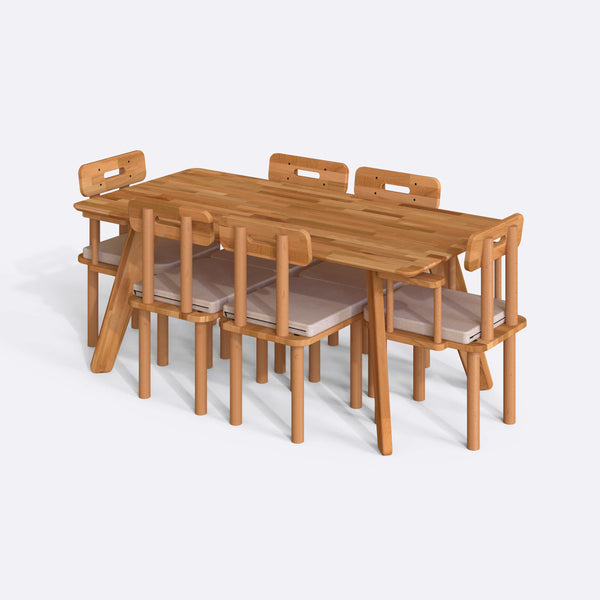 Han Yemek Masası ve Sandalye Takımı – 180 x 90, Keten Ekru döşeme, masif kayın masa ve sandalyeler, beyaz zeminde üç çeyrek açıdan çekim