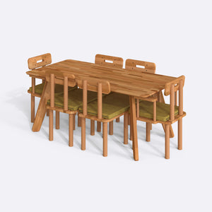 Han Yemek Masası ve Sandalye Takımı – 180 x 90, Keten Sarı döşeme, masif kayın masa ve sandalyeler, beyaz zeminde üç çeyrek açıdan çekim