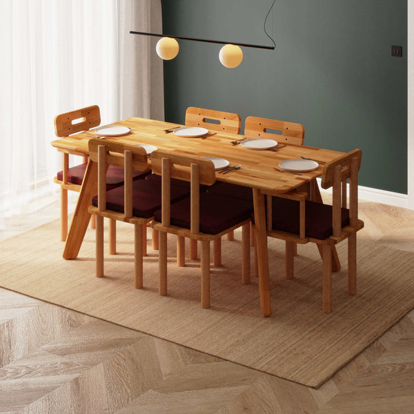 Han Yemek Masası ve Sandalye Takımı – 180 x 90, Keten Bordo döşeme, masif kayın masa ve sandalyeler, ev ortamında kullanım görünümü