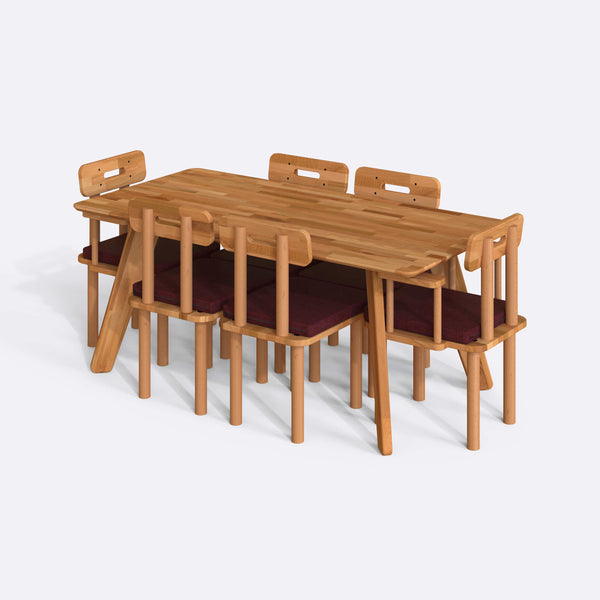 Han Yemek Masası ve Sandalye Takımı – 180 x 90, Keten Bordo döşeme, masif kayın masa ve sandalyeler, beyaz zeminde üç çeyrek açıdan çekim