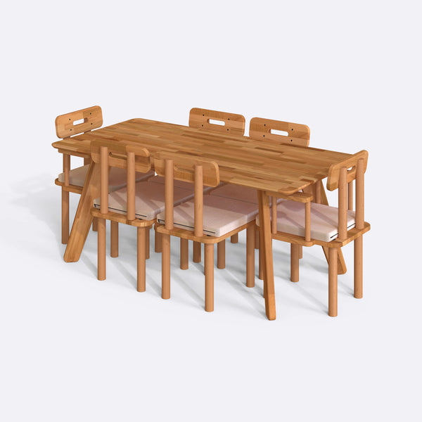 Han Yemek Masası ve Sandalye Takımı – 180 x 90, Kadife Ekru döşeme, masif kayın masa ve sandalyeler, beyaz zeminde üç çeyrek açıdan çekim