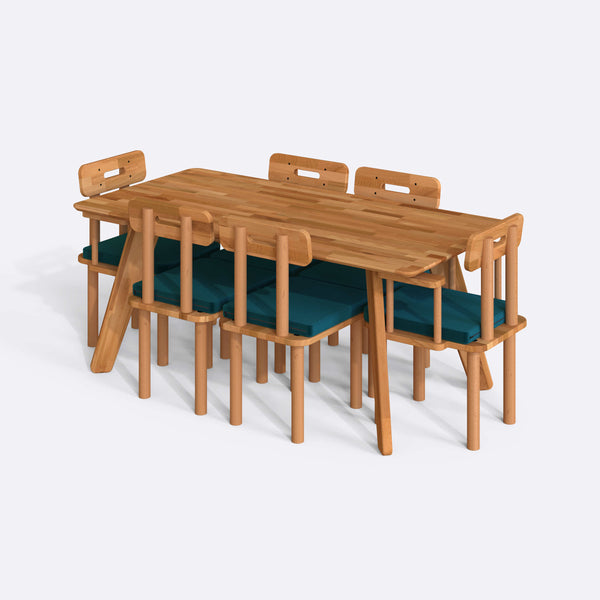 Han Yemek Masası ve Sandalye Takımı – 180 x 90, Kadife Petrol döşeme, masif kayın masa ve sandalyeler, beyaz zeminde üç çeyrek açıdan çekim