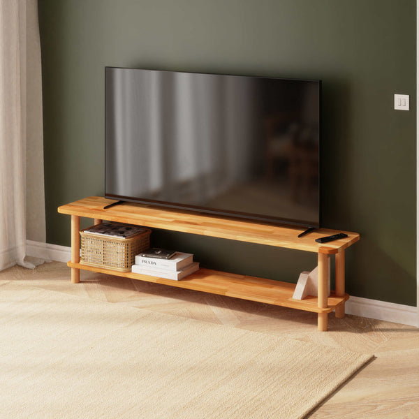 Sora TV Ünitesi 180 x 38 cm, %100 masif kayın, doğal ahşap dokusu, ev ortamında kullanım görünümü