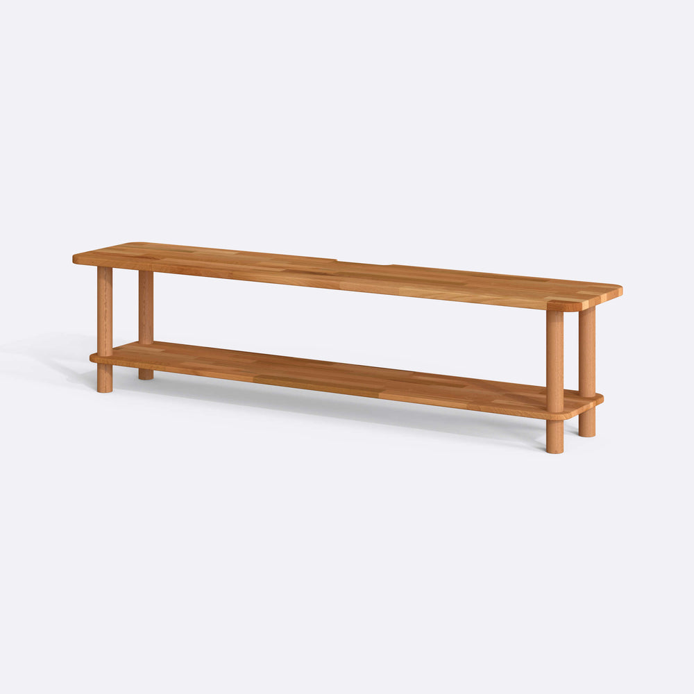 Sora TV Ünitesi 180 x 38 cm, %100 masif kayın, doğal ahşap dokusu, ev ortamında kullanım görünümü