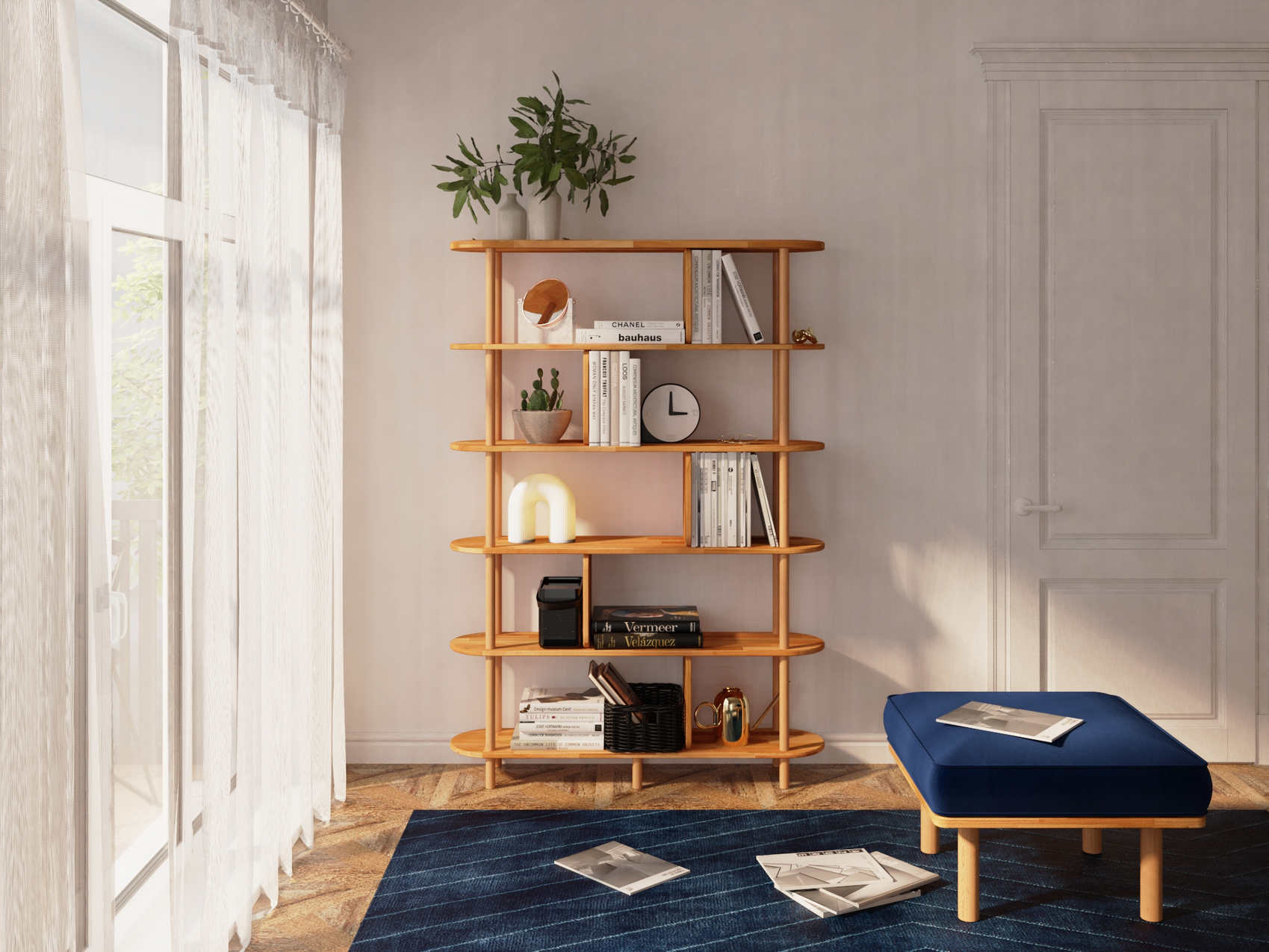 Bely kitaplık ve Lore puf minimalist sürdürülebilir tasarım