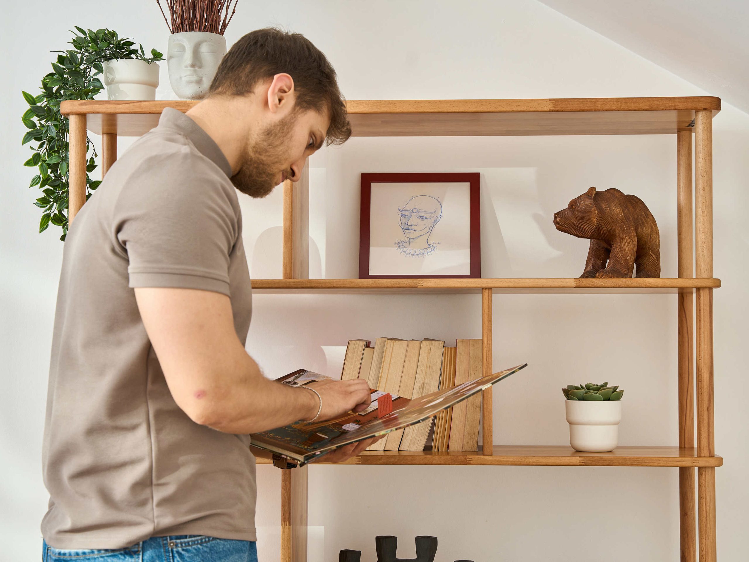 Masif kayın ağacı Netu kitaplık ile sürdürülebilir oturma odası dekorasyonu