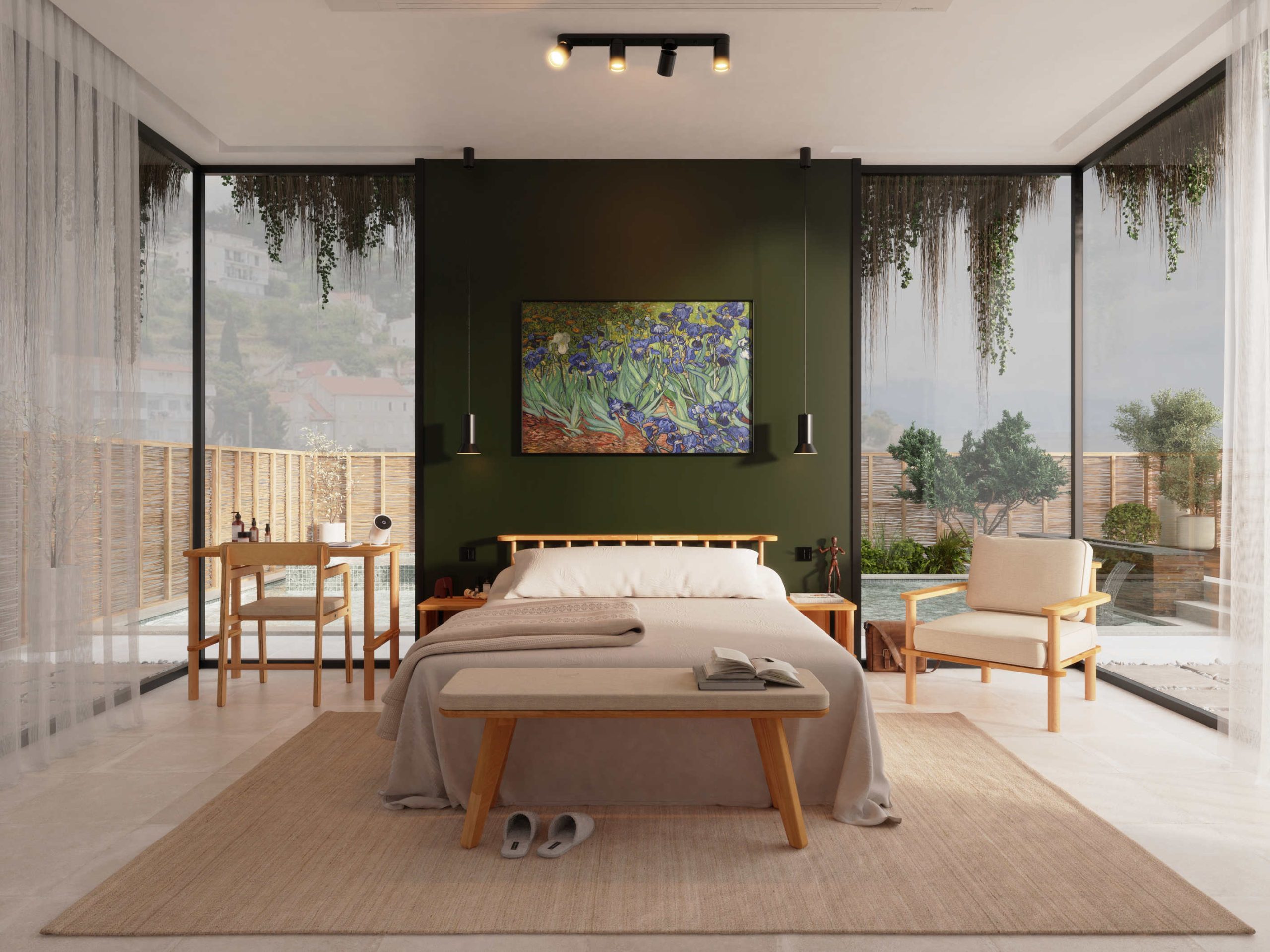 Lore karyola Eona komodin ve Han bench ile yatak odası tasarımı